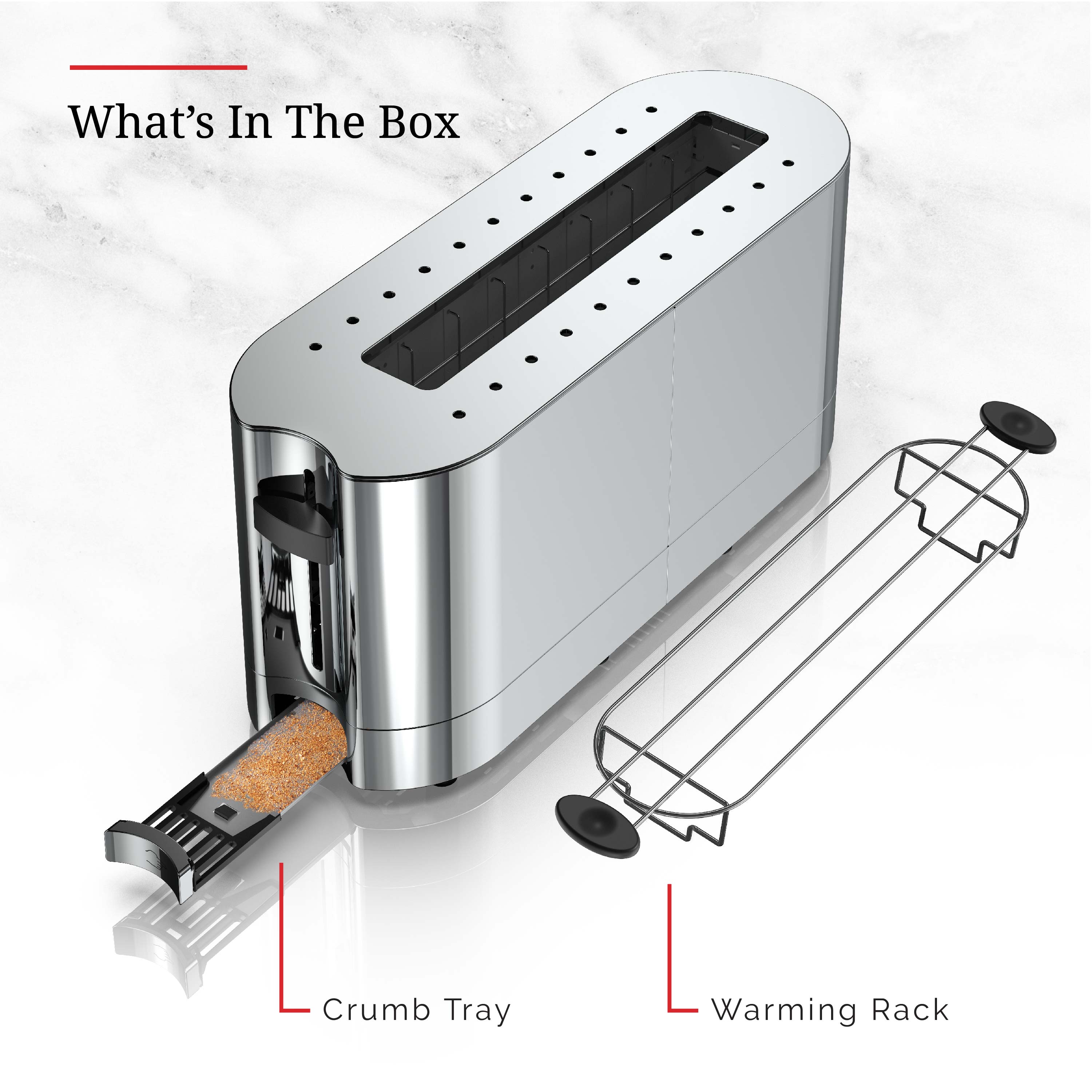 2 Slice Stainless Steel Long Toaster Silver Glass Accent